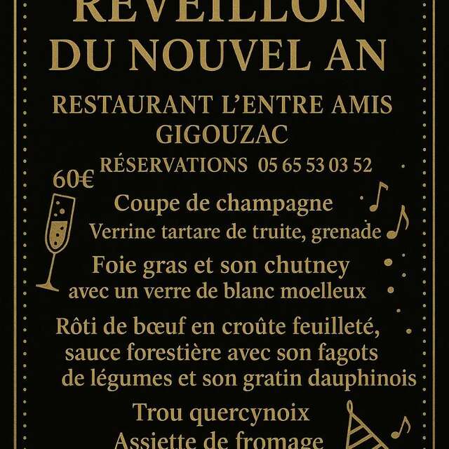 Menu de réveillon au restaurant l'Entre Amis