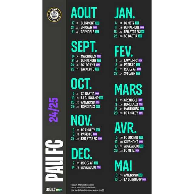 Football - Calendrier PAU FC Ligue2 BKT - saison 2024-2025
