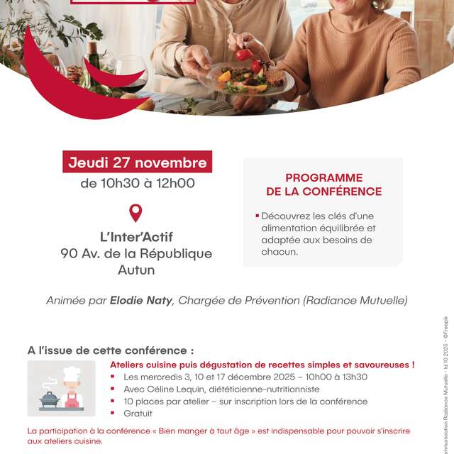 Conférence Bien Manger à tout âge suivis de 3 ateliers cuisine