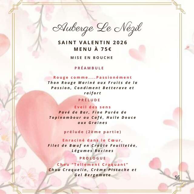 Votre menu de la Saint-Valentin à l'Auberge Le Nezil