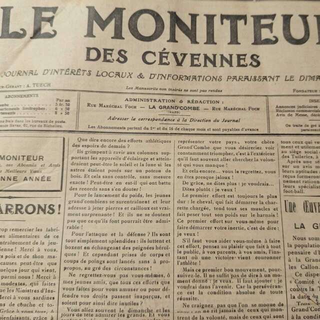 Conférence "Chroniques d'un hebdomadaire grand'combien, le "Moniteur des Cévennes" (1897-1944)" par Laurent AIGLON