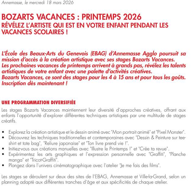 Stages Bozarts Vacances : Printemps 2026