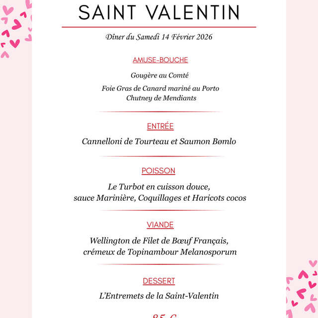 Menu Saint-Valentin à la  Brasserie Place Bernard