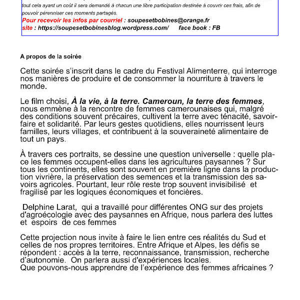Soirée Soupes et Bobines : "Semer, nourrir, résister, la voie des femmes africaines"
