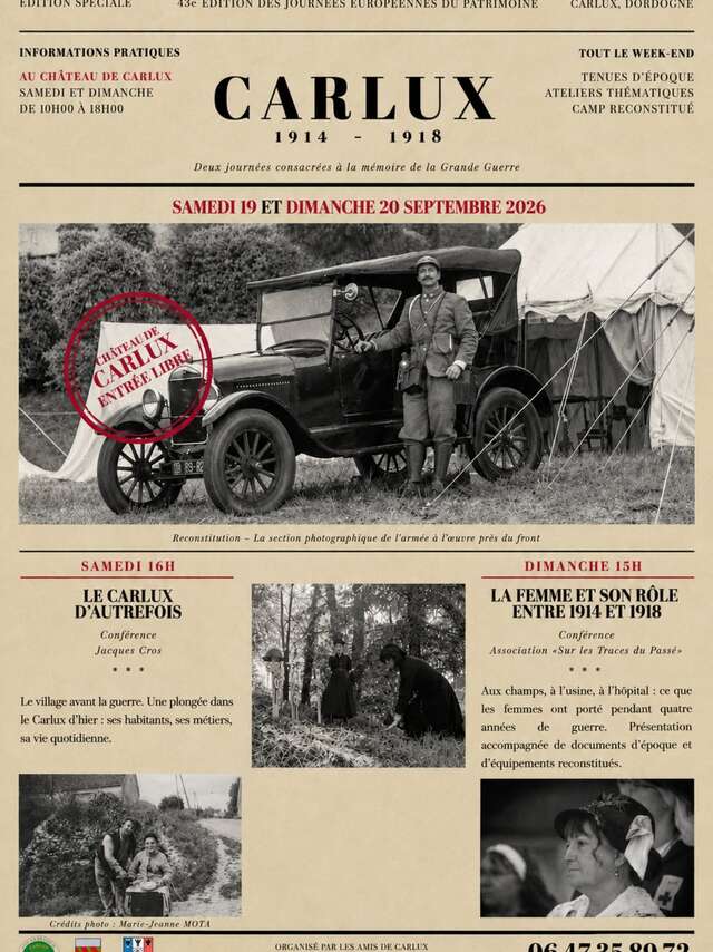 Journées du Patrimoine : Carlux 1914-1918 deux journées consacrées à la mémoire de la Grande Guerre.