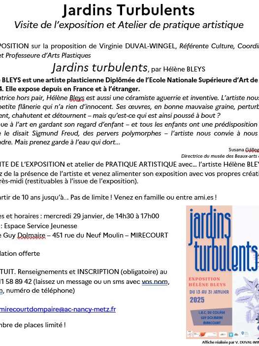 VISITE DE L'EXPOSITION JARDINS TURBULENTS ET ATELIER DE PRATIQUE ARTISTIQUE AVEC L’ARTISTE