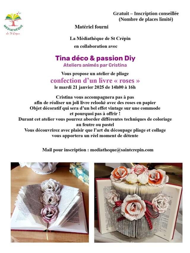 Atelier pliage "confection d'un livre roses"