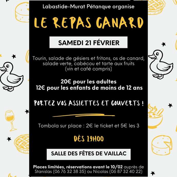 Repas canard du club de pétanque de Labastide-Murat & tombola