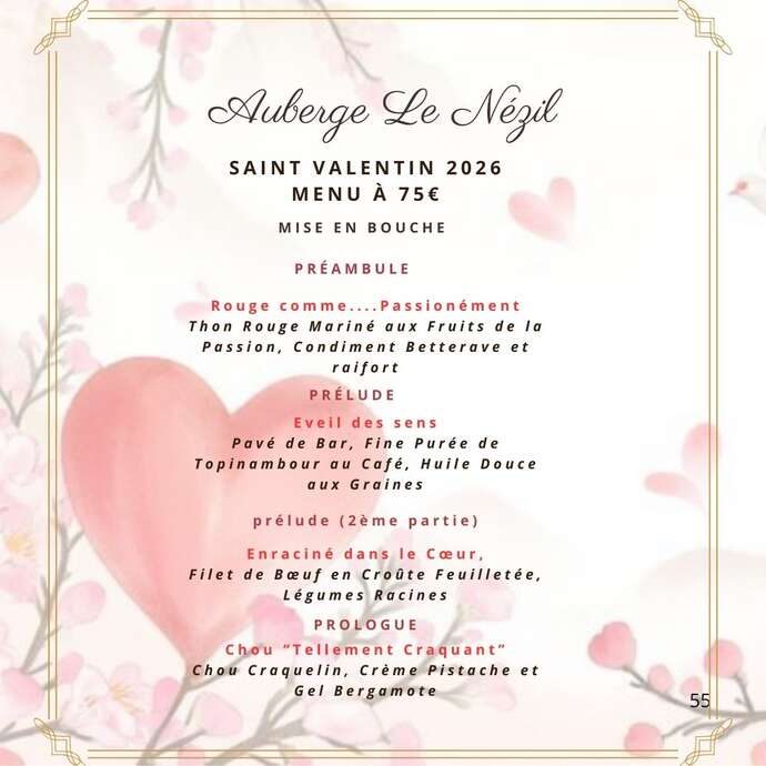 Votre menu de la Saint-Valentin à l'Auberge Le Nezil