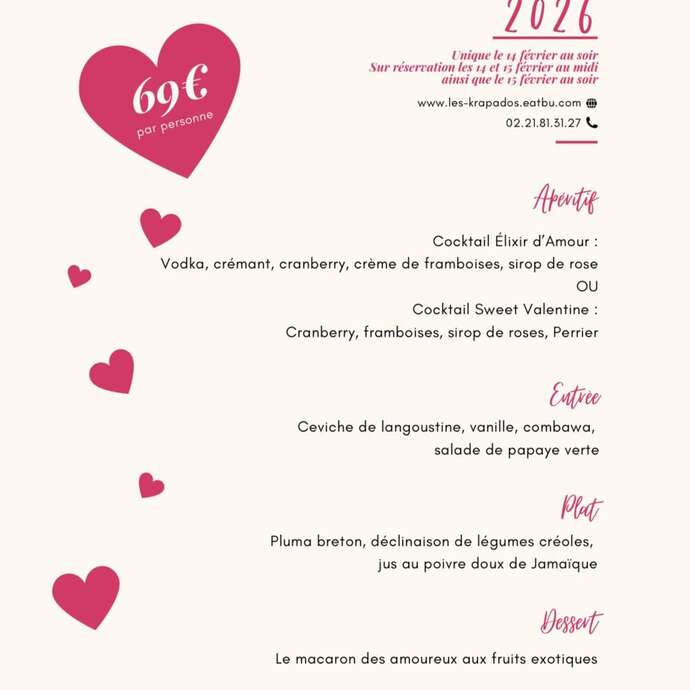 Votre menu de la Saint-Valentin aux Krapados