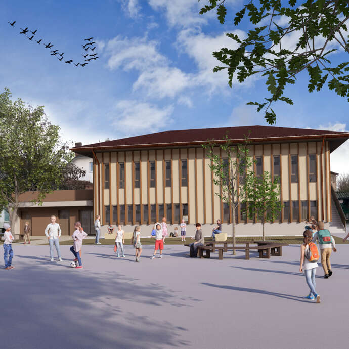 Visite de l'extension de l'école Simone Veil avec les explications de l’Architecte.