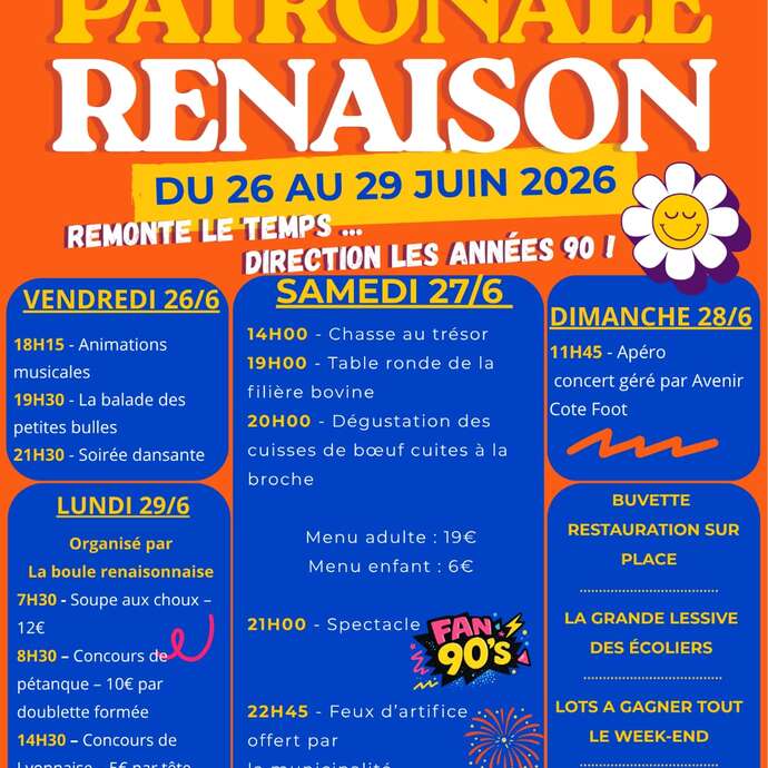 Fête patronale de Renaison 26 au 29/06 - repas et concert le samedi 27/06